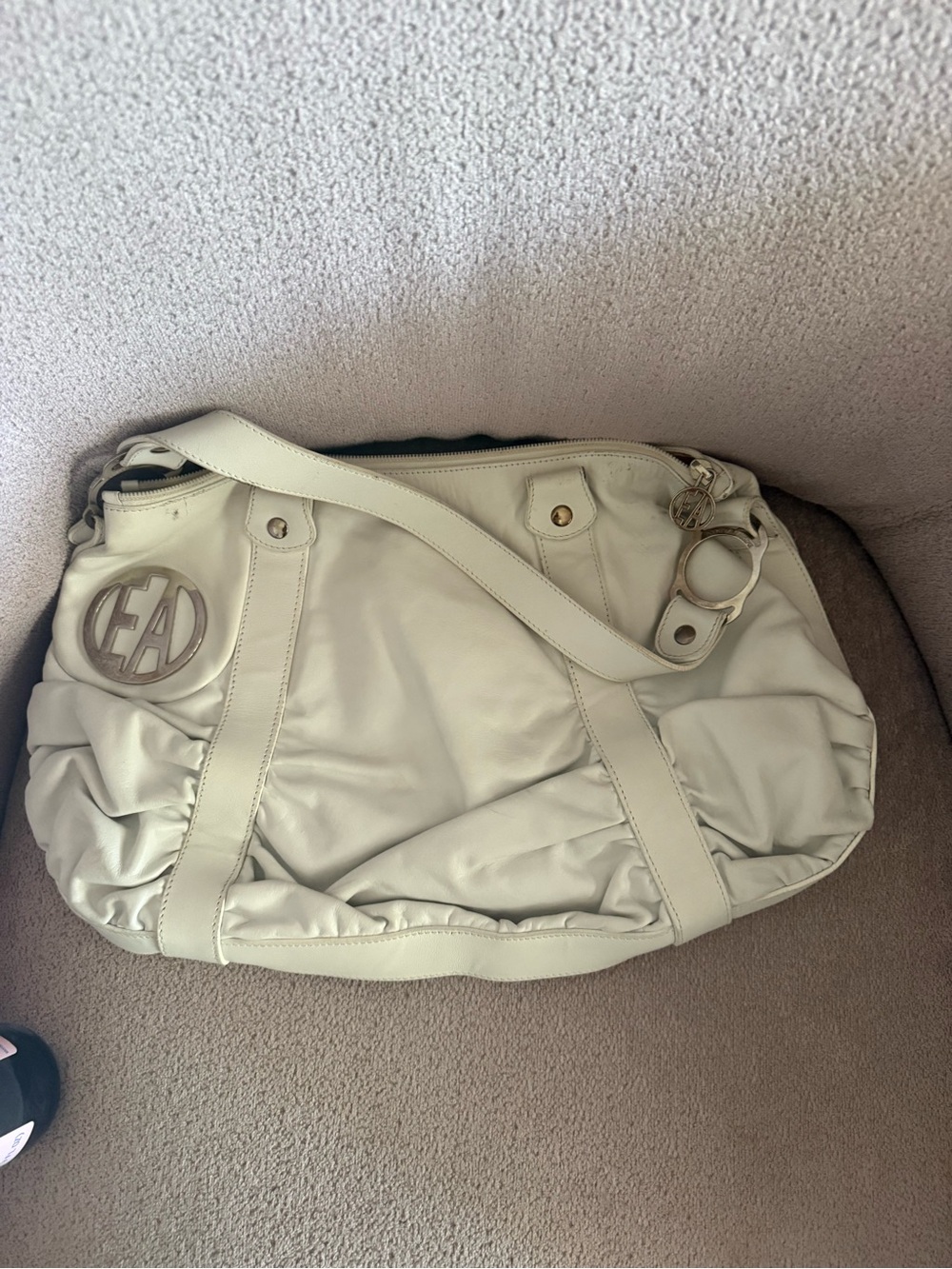 Emporio Armani Cream Leather Shoulder Bag with Logo Charm